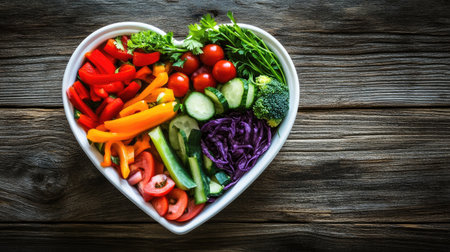 A heart-shaped dish filled with an array of fresh vegetables, showcasing vibrant colors and a healthy assortment perfect for salads or snacks.の素材