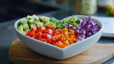 A beautifully arranged heart-shaped bowl filled with fresh, colorful vegetables. Perfect for healthy recipes, meal prep, and vibrant presentations.の素材