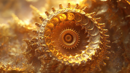 Explore a mesmerizing golden spiral network, showcasing intricate details and vibrant textures in a complex arrangement that captivates the eye.の素材