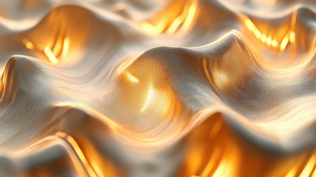 Discover a stunning golden abstract 3D surface with flowing waves and warm illumination. This captivating texture creates a luxurious and inviting visual experience, perfect for various creative projects.の素材
