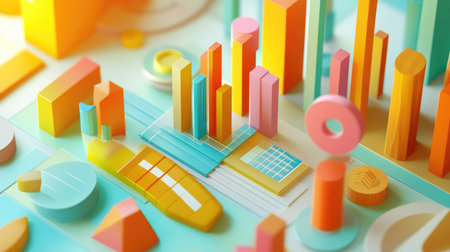 Explore a vibrant 3D financial visualization featuring diverse shapes and structures. This colorful composition emphasizes growth and innovation in the financial realm.の素材