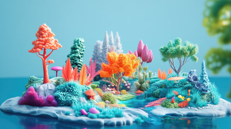 A vibrant 3D landscape showcasing sustainable eco elements. This imaginative representation features colorful flora and fauna, creating a serene and harmonious atmosphere.の素材