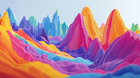 Explore a dynamic and colorful 3D visualization representing currency exchange concepts, showcasing vibrant peaks and valleys for a striking visual impact.の素材