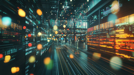 Explore a dynamic 3D visualization of a stock exchange environment, featuring vibrant lights and data graphics that capture the essence of modern finance and trading technology.の素材