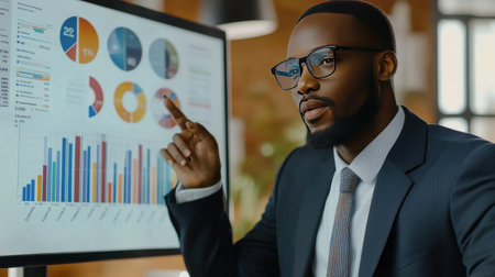 A professional man presents financial data on a digital display, showcasing charts and graphs in a modern office setting. Ideal for business themes.の素材
