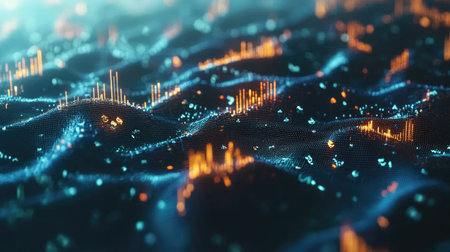 Explore a dynamic 3D landscape filled with floating currents and vibrant lights. This abstract imagery showcases fluid motion and artistic design.の素材