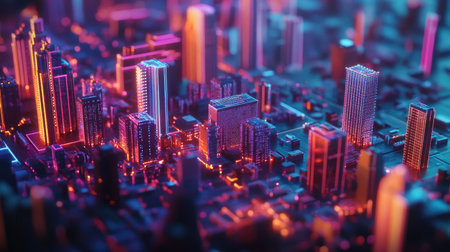 Explore a vibrant urban landscape showcasing dynamic capital movement through illuminated buildings in a futuristic design. Perfect for visionaries.の素材