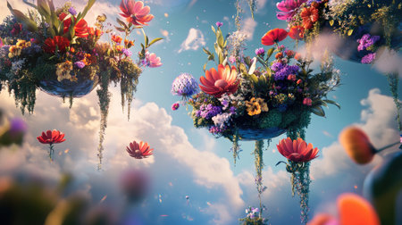 A stunning 3D representation of a dreamy floating garden, featuring vibrant flowers and lush greenery against a serene sky, perfect for fantasy and nature themes.の素材
