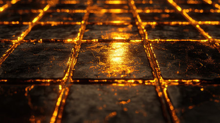 A stunning closer view of a glowing golden grid with soft reflective textures, creating a captivating play of light and shadows ideal for various design projects.の素材