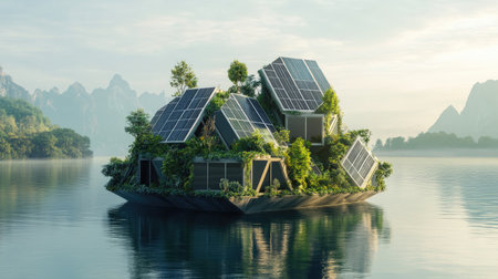 A stunning floating island featuring modern geometric shapes and lush greenery. This tranquil landscape highlights innovative design and sustainable energy solutions, set against a serene water backdrop.の素材
