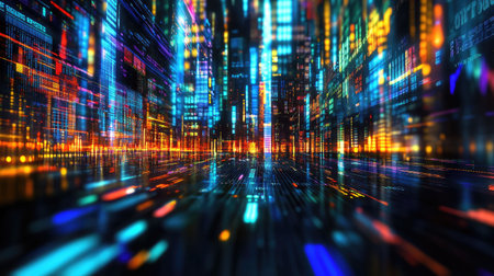 This vibrant 3D image captures the dynamic essence of stock market activity, showcasing colorful data visualizations and futuristic patterns. Perfect for financial themes.の素材