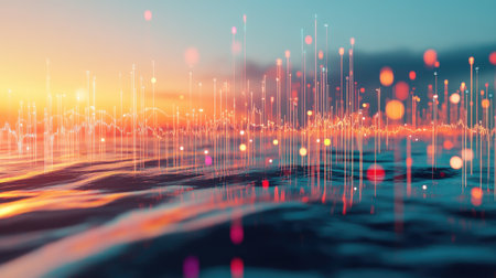 This vibrant 3D landscape features dynamic floating elements over a tranquil water surface at sunset, creating a stunning visual blend of light and color.の素材