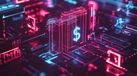 Abstract futuristic digital banking concept featuring glowing elements and intricate designs, representing the fusion of finance and technology in a modern context.の素材