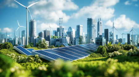Explore a vibrant futuristic city powered by renewable energy. This stunning landscape features solar panels and wind turbines integrated into a modern urban setting.の素材