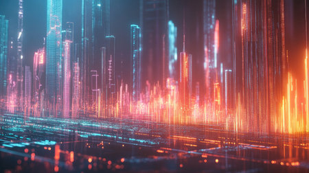 A stunning futuristic 3D landscape showcasing vibrant financial indicators and colorful city skylines, representing advanced technology and data visualization.の素材