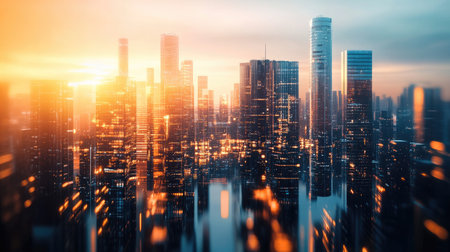 A stunning futuristic 3D cityscape bathed in sunset light, showcasing modern architecture and vibrant reflections. Ideal for themes of innovation and urban development.の素材