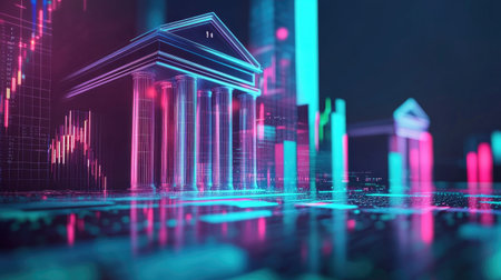 Explore a futuristic digital bank visualization featuring vibrant colors and 3D elements. This striking representation blends technology and financial concepts creatively.の素材