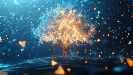 A mesmerizing 3D glowing tree with branches reaching outward, surrounded by vibrant particles and soft light effects, creating a stunning digital landscape.の素材