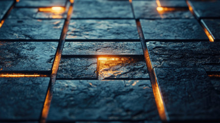 A captivating view of a soft reflective grid surface, illuminated by a golden glow. The image evokes elegance and warmth, ideal for modern design projects.の素材