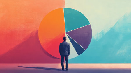 A businessman stands before a vibrant pie chart, representing financial data analysis. This creative visualization emphasizes strategy and insights for effective planning.の素材
