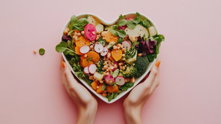 A vibrant heart-shaped dish brimming with fresh ingredients. This colorful salad showcases seasonal vegetables, ideal for a healthy and aesthetic meal. Perfect for food photography.の素材