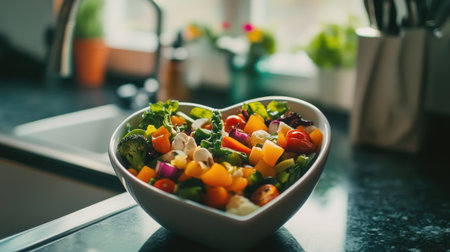 A heart-shaped bowl filled with vibrant, fresh vegetables, ideal for healthy meals. Perfect for showcasing colorful salads in any kitchen setting.の素材