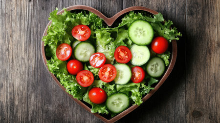 A heart-shaped dish filled with a fresh salad featuring vibrant greens, cherry tomatoes, and cucumber slices, perfect for healthy dining.の素材