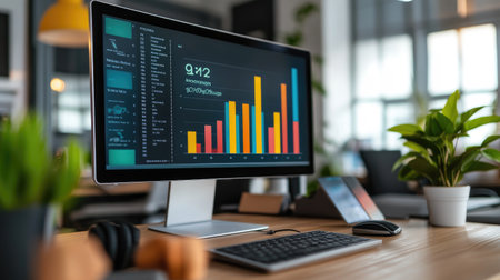 A modern professional workspace showcasing a desktop computer with colorful data visualizations on the screen. Ideal for business, finance, and analysis themes.の素材