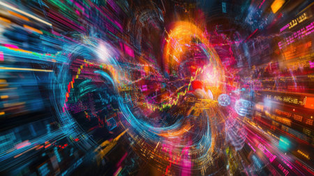 Experience a mesmerizing blend of stock market graphs and digital visuals that showcase dynamic trends and vibrant colors for financial insights.の素材