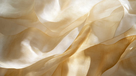 Elegant and luxurious golden silk fabric features flowing cascades, creating a beautiful interplay of light and shadow for stunning visuals.の素材
