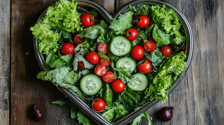 A heart shaped dish filled with fresh salad, featuring vibrant greens, cherry tomatoes, and cucumbers, perfect for a healthy meal presentation.の素材