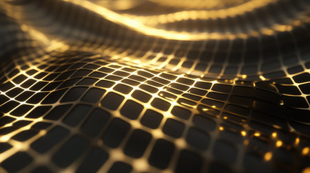 This captivating image showcases a mesmerizing golden lattice structure with intricate patterns. The interplay of light and texture creates a dynamic abstract visual experience.の素材