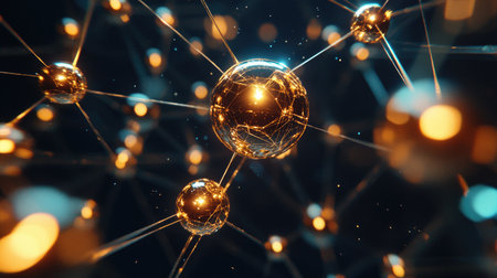 Explore a stunning visual of golden geometric shapes forming a dynamic network. This artwork blends abstract design with smooth aesthetics, creating a captivating digital atmosphere.の素材