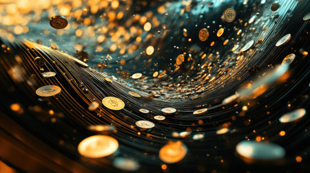 This mesmerizing image showcases a stunning 3D blend of floating coins and currency, creating a dynamic visual experience that evokes a sense of wealth and innovation.の素材
