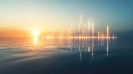 A serene 3D landscape showcasing financial symbols reflecting in tranquil waters during a beautiful sunset, creating an ethereal and peaceful atmosphere.の素材