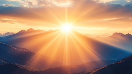 Experience the breathtaking beauty of a radiant sunrise casting warm light over majestic mountains, creating a serene 3D landscape full of color and tranquility.の素材