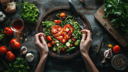 Stylishly arranged vegetables in a heart shape highlight healthy eating. Hands showcase fresh ingredients perfect for a nutritious and colorful meal.の素材