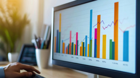 A professional workspace featuring a colorful data analysis display. The image captures a close-up view of a computer screen with various charts and statistics, ideal for business insights.の素材