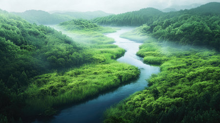 A serene landscape features a winding river surrounded by lush greenery and gentle fog, creating a tranquil and peaceful nature scene ideal for relaxation.の素材