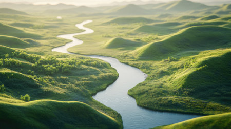 Experience the tranquility of a serene 3D landscape featuring rolling hills and a gently flowing river, immersed in lush greenery under soft sunlight.の素材