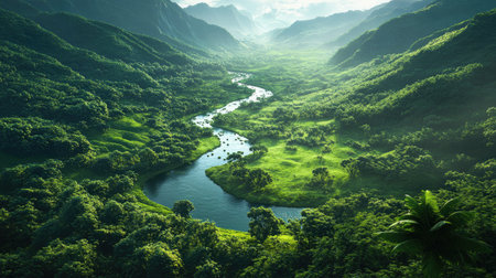 Discover a serene 3D view of a lush green valley with a gentle river flowing through. This tranquil landscape showcases the beauty of nature and vibrant ecosystems.の素材