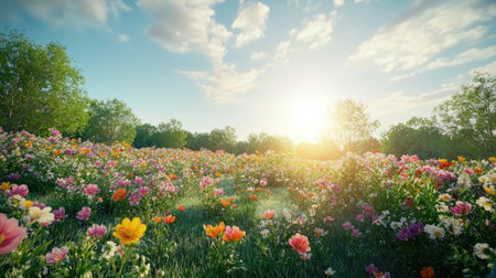 A stunning serene landscape featuring vibrant, colorful flowers blooming under a bright sun. This picturesque scene captures the essence of spring and tranquility.の素材