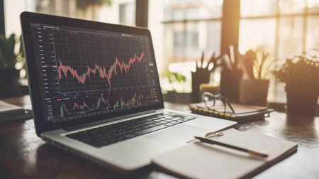 A serene workspace featuring a laptop displaying financial charts and graphs, surrounded by plants and stationery in a well-lit environment. Perfect for inspiration.の素材