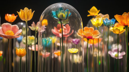 Explore a stunning display of colorful 3D flowers blooming in a glass dome, showcasing vibrant petals and artistic design, perfect for decor and inspiration.の素材