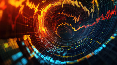 This abstract image features a swirling vortex representing stock market data, with vibrant colors and dynamic graphs illustrating financial trends and analysis.の素材