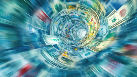 This abstract image showcases swirling currency symbols, illustrating motion and fluidity in financial environments, perfect for economic themes and projects.の素材
