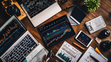Overhead view of a cluttered desk featuring laptops, tablets, smartphones, and financial documents, ideal for showcasing investment analysis and workspace dynamics.の素材