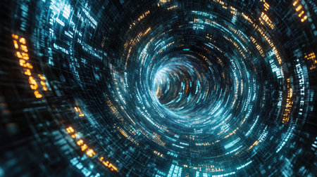 Experience a mesmerizing swirling vortex of digital numbers and financial data, showcasing the dynamic flow of information and technology in a futuristic style.の素材