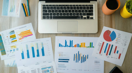 An organized workspace featuring a laptop and various financial analysis charts. Ideal for illustrating investment strategies and data-driven decisions.の素材