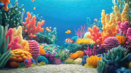 Explore a vibrant 3D depiction of a thriving coral reef, showcasing colorful corals and lively marine life in a stunning underwater scene.の素材